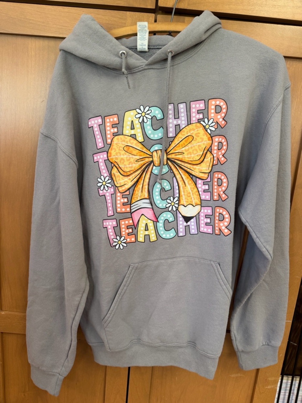 Jerzees Gray Hoodie with Colorful Teacher Graphic and Yellow Bow